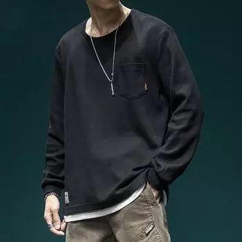 Высококачественная вафельная поддельная футболка из двух частей с длинными рукавами, мужская свободная и толстая, большого размера, мужской повседневный свитер с круглым вырезом M белый