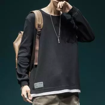 Высококачественная вафельная поддельная футболка из двух частей с длинными рукавами, мужская свободная и толстая, большого размера, мужской повседневный свитер с круглым вырезом M белый