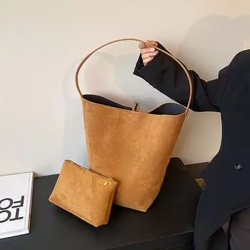 Высококачественная винтажная замшевая сумка-ведро большой вместимости, повседневная универсальная сумка-тоут на одно плечо, женская корейская однотонная сумка для поездок на работу (30cm<Max Length<50cm)