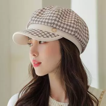 Высококачественная восьмиугольная шляпа, женская версия, кожаная этикетка, подгибка, сетка «тысяча птиц», термоберет, британская ретро-кепка газетчика M (56-58cm) adjustable чёрный