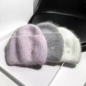 Высококачественная вязаная шапка из кроличьего меха, сетка, красная, стандартная шерстяная шапка, универсальная модная теплая осенне-зимняя шапка с пайетками для защиты ушей One size