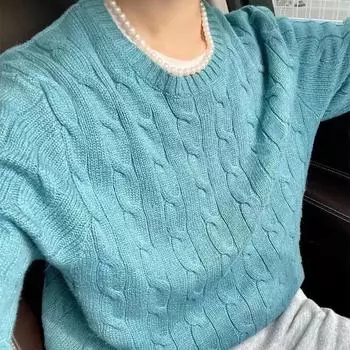 Высококачественная вышивка вязаный женский кашемировый свитер круглый вырез перекрученные пуловеры осень зима топы S зелёный