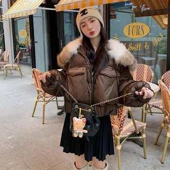 Высококачественная женская короткая куртка-пуховик 2024 года, зимняя мода, постепенные изменения, большой меховой воротник из лисы, тонкая, сладкая одежда для хлеба, прилив S