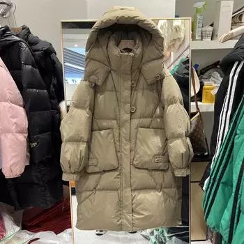Высококачественная женская куртка-пуховик 2024 года, зимняя новая корейская версия, средняя и длинная, свободная с капюшоном, модное утолщенное пальто из белого утиного пуха S