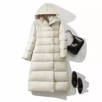 Высококачественная женская куртка-пуховик 2024 года, зимняя, длинная, модная, в иностранном стиле, облегающая, утолщенная, до колена, 90, белая куртка-пуховик на утином пуху S чёрный
