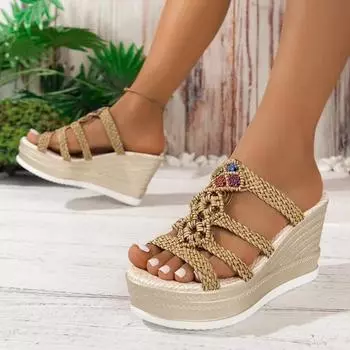 Высококачественная женская обувь, летние новые женские тапочки на очень высоком каблуке, модная женская пляжная обувь большого размера на танкетке 36