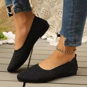 Высококачественная женская обувь на плоской подошве, модные женские туфли на плоской подошве с кристаллами, однотонные повседневные туфли на плоской подошве, женские сексуальные туфли с острым носком на низком каблуке 36