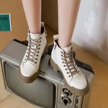 Высококачественная женская обувь, женские ботинки с боковой молнией, модные современные ботинки со шнуровкой спереди, женские новые ботильоны с круглым носком 35