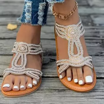 Высококачественная женская обувь, женские сандалии с эластичной резинкой, модные повседневные сандалии с кристаллами, женские летние сандалии больших размеров на плоской подошве 36