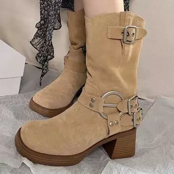 Высококачественная женская обувь Зимние женские ботинки слипоны Однотонные с круглым носком Замшевые с пряжкой Декоративные Туфли на высоком каблуке Женские 35