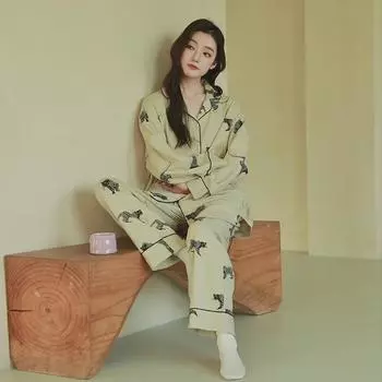 Высококачественная женская пижама из чистого хлопка с длинными рукавами - коллекция весна/осень 2025 г., большие размеры, подходит для ношения в помещении и на улице L (recommended for 55-70 kg)