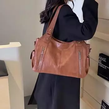 Высококачественная женская сумка, новая сумка через плечо в городском трендовом стиле, универсальная повседневная сумка большой вместимости на молнии для поездок на работу 40x15x25cm коричневый