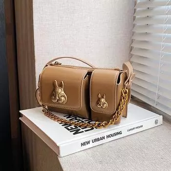 Высококачественная женская сумка подмышки с текстурной цепочкой, новинка 2024 года, модная мотоциклетная сумка с двойным карманом и кроликом, сумка через плечо на одно плечо one size чёрный