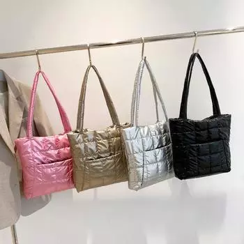 Высококачественная зимняя большая вместительная сумка-тоут, модная перьевая подбитая сумка женская подмышечная сумка стеганая однотонная сумка через плечо 36x6x29cm розовый