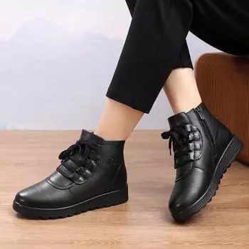 Высококачественная зимняя обувь из натуральной кожи, легкие женские ботильоны на шнуровке, женские теплые теплые зимние ботинки из толстого плюша 35 чёрный