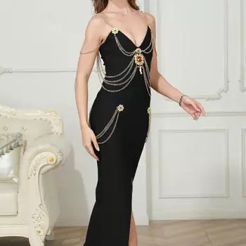 Высококачественное черное платье, высококачественная роскошная облегающая женская одежда, тонкое летнее вечернее платье для женщин S чёрный