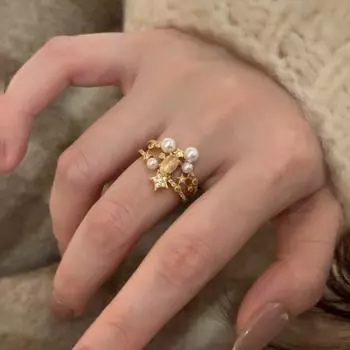Высококачественное двухслойное открытое кольцо со звездным жемчугом и опалом, женское легкое роскошное нишевое модное универсальное кольцо