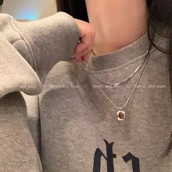 Высококачественное двухслойное ожерелье с подвеской из тигрового глаза в ретро-цвете кофе с узором Майяр X1586 серебряный