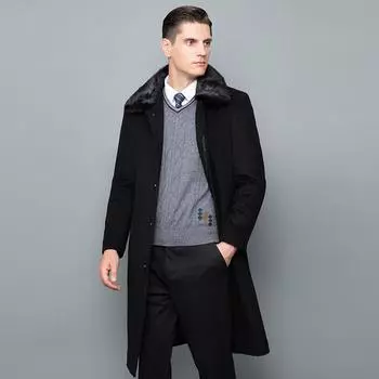 Высококачественное кашемировое шерстяное пальто для мужчин, длиной до колена, воротник из меха норки для людей среднего и пожилого возраста, подкладка из меха кролика-рекса, пальто Nikk 170