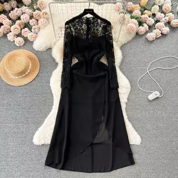 Высококачественное кружевное платье Royal Sister Young Sle, сексуальное перспективное лоскутное платье с длинными рукавами, облегающее шифоновое платье средней длины S чёрный