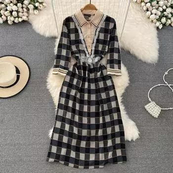 Высококачественное легкое роскошное темпераментное платье из двух частей с лацканами и рукавами три четверти на талии, тонкое клетчатое платье, элегантная длинная юбка M чёрный