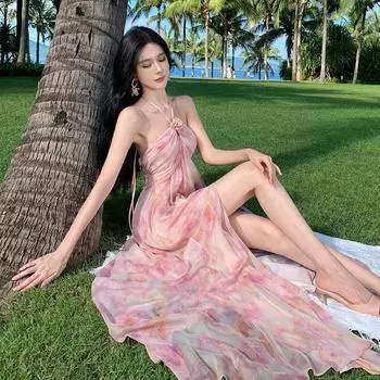 Высококачественное легкое роскошное трехмерное платье с цветочным принтом и вырезом для женщин, летнее пляжное праздничное платье-комбинация S розовый
