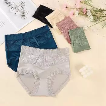 Высококачественное летнее кружевное компрессионное нижнее белье со средней талией и высокой талией для женщин, сексуальные сетчатые трусики-треугольники большого размера M чёрный