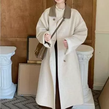 Высококачественное маленькое шерстяное пальто для женщин на зиму, свободное шерстяное пальто средней длины до колена в корейском стиле S