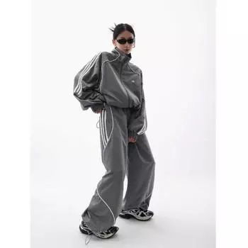 Высококачественное модное красивое пальто штурмовика + широкие брюки из двух предметов для женщин, весна-осень, свободный модный бренд, женский повседневный костюм S серый