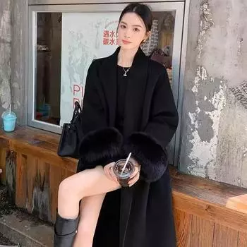 Высококачественное модное шерстяное пальто для женщин, осень-зима, новый дизайн пальто, съемный шерстяной рукав сверху S чёрный