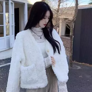 Высококачественное мягкое вощеное пальто из искусственной овечьей шерсти, осенне-зимнее, новое утолщенное теплое пальто с V-образным вырезом, верхняя женская одежда S