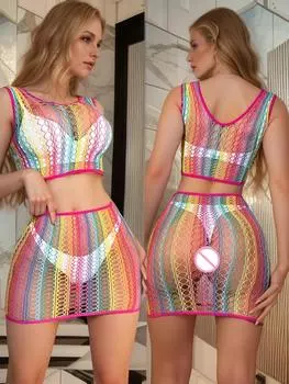 Высококачественное облегающее платье радужного цвета с рыболовной сетью, модная короткая юбка, женские эротические перспективные сетчатые обтягивающие нижнее белье костюмы XS