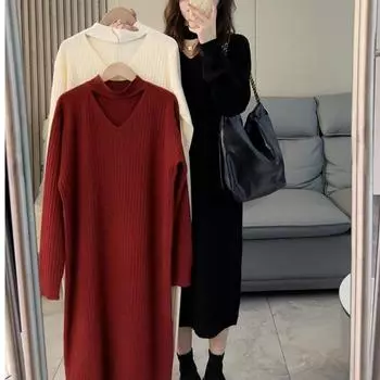 Высококачественное одинаковое пальто, вязаное длинное платье-свитер, женское осенне-зимнее свободное однотонное платье-свитер с v-образным вырезом, нишевое платье, пуловер, женский One Size чёрный