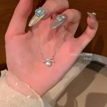 Высококачественное ожерелье из титановой стали с бантом и жемчугом для женщин - модный корейский дизайн X1411 серебряный