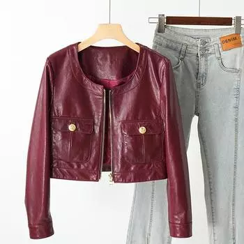 Высококачественное пальто из натуральной овчины, новое осеннее пальто, женская дизайнерская короткая куртка с круглым вырезом в стиле мотоцикла S