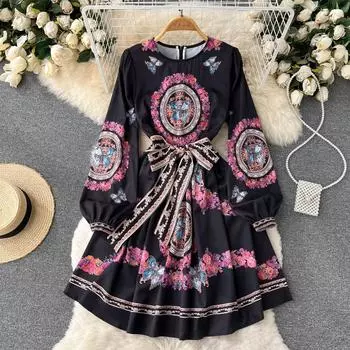 Высококачественное платье холодного ветра, женское весенне-осеннее платье трапециевидной формы с длинными рукавами и кружевной талией, тонкое высококачественное платье с принтом