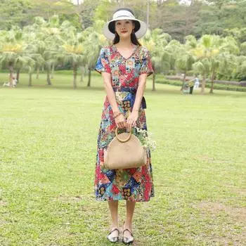 Высококачественное платье среднего возраста из хлопка и шелка с принтом на талии, летняя тонкая юбка с короткими рукавами и шнуровкой XL suggestion [below 54kg]