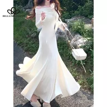 Высококачественное платье во французском стиле с открытыми плечами и длинными рукавами, однотонное элегантное платье длиной до щиколотки с рыбьим хвостом S белый