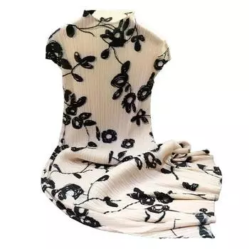 Высококачественное плиссированное платье с воротником-стойкой, короткими рукавами и принтом, с разрезом по подолу, новый женский летний стиль One Size бежевый