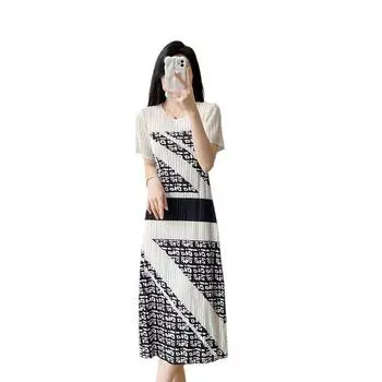 Высококачественное плиссированное ретро-платье, элегантная юбка средней длины с принтом M белый