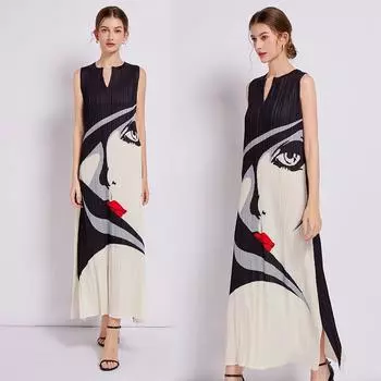 Высококачественное плиссированное темпераментное платье для женщин, новый дизайн, облегающее длинное праздничное платье с принтом Senseprinted One Size чёрный