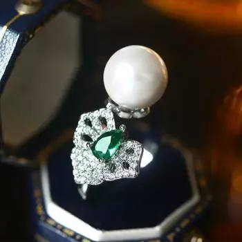 Высококачественное ретро-кольцо с изумрудным жемчугом, женское, открытое кольцо на указательный палец, нишевый дизайн, холодный ветер adjustable opening белого золота