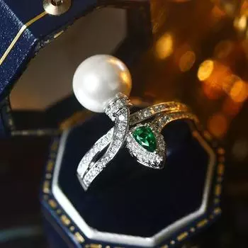 Высококачественное ретро-кольцо с изумрудным жемчугом, женское, открытое кольцо на указательный палец, нишевый дизайн, холодный ветер adjustable opening белого золота