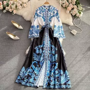 Высококачественное ретро-темпераментное платье-трапеция с воротником-стойкой и принтом цвета морской волны, однобортное платье трапециевидной формы с утягивающим поясом