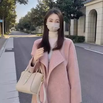 Высококачественное розовое шерстяное пальто в стиле Хепберн для женщин на осень и зиму, маленькое свободное и тонкое шерстяное пальто S розовый