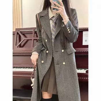 Высококачественное серое длинное пальто для женщин, винтажная двубортная верхняя одежда с длинным рукавом L