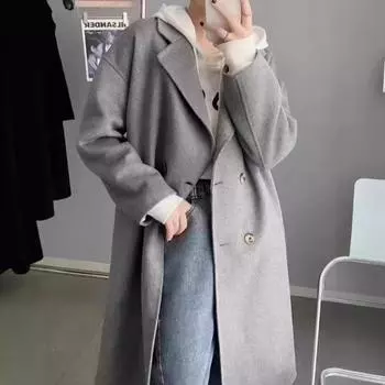 Высококачественное шерстяное пальто в стиле Хепберн для женщин 2024 года, новое осенне-зимнее корейское шерстяное пальто средней и длинной длины для маленьких мужчин S чёрный