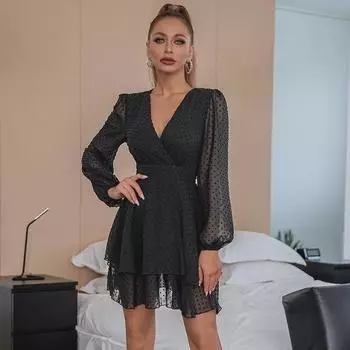 Высококачественное шифоновое платье с V-образным вырезом для женщин - летний европейский и американский стиль, облегающая посадка, элегантная короткая юбка для поездок на работу Large фиолетовый