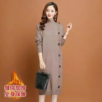 Высококачественное утолщенное бархатное платье-полуводолазка средней и длинной длины для женщин, платье-свитер длиной до колена для женщин на осень и зиму M [Recommended 80-50kg] верблюд