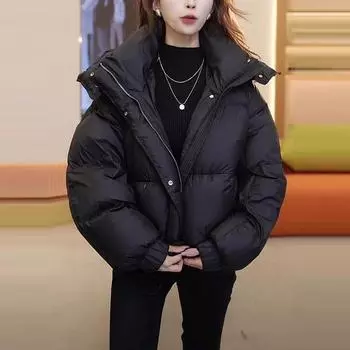 Высококачественное женское короткое хлопковое пальто с капюшоном - Зима 2024 в европейском и американском стиле L чёрный